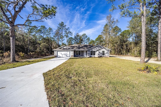 ranch-style house featuring a front yard and a garage