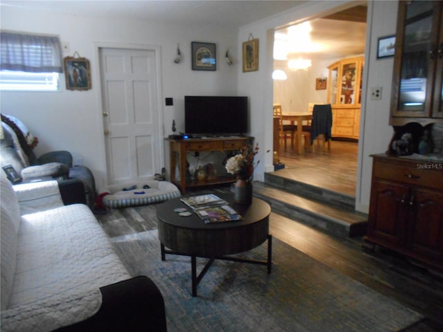 living room with dark hardwood / wood-style flooring