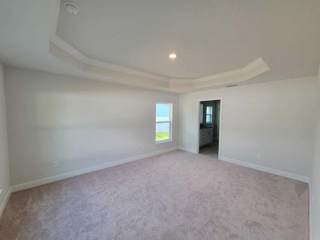 carpeted spare room featuring crown molding and a tray ceiling