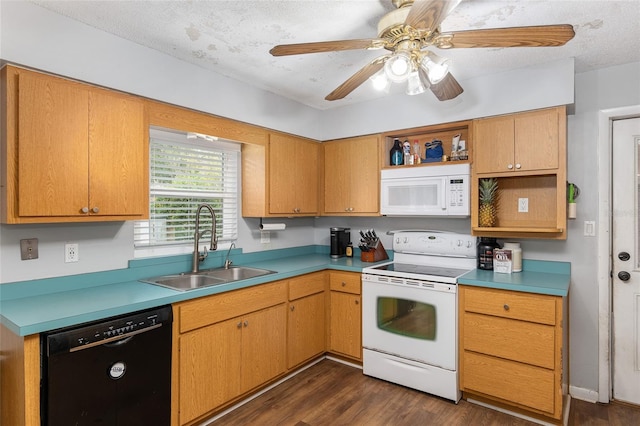 kitchen with white appliances, sink, a textured ceiling, dark hardwood / wood-style flooring, and ceiling fan