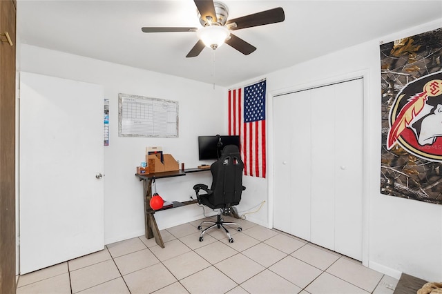 tiled office with ceiling fan