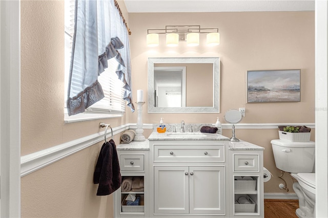 bathroom with hardwood / wood-style flooring, vanity, and toilet