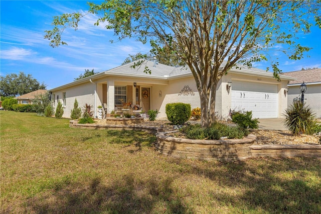 single story home featuring a front yard and a garage