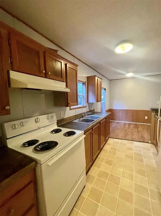 kitchen with white electric stove, sink, and wooden walls