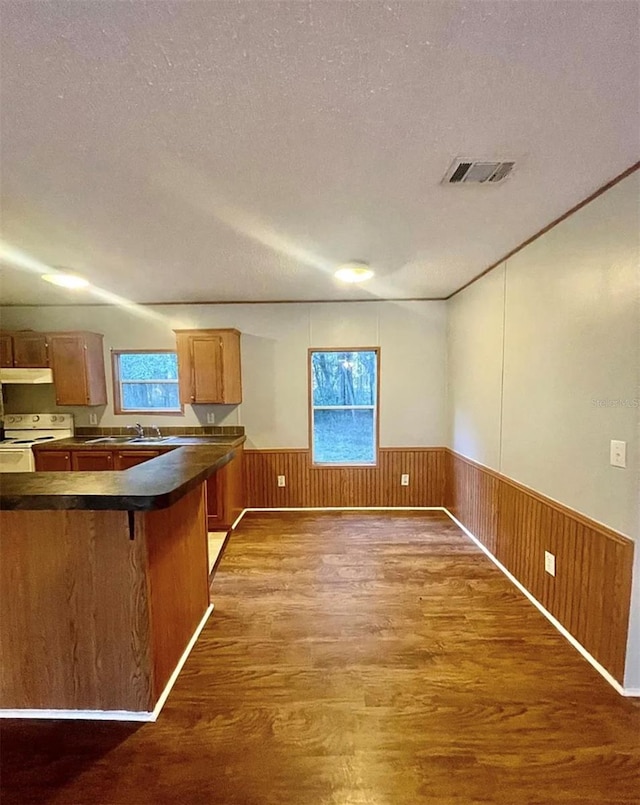 kitchen featuring hardwood / wood-style floors, kitchen peninsula, a textured ceiling, and white electric stove