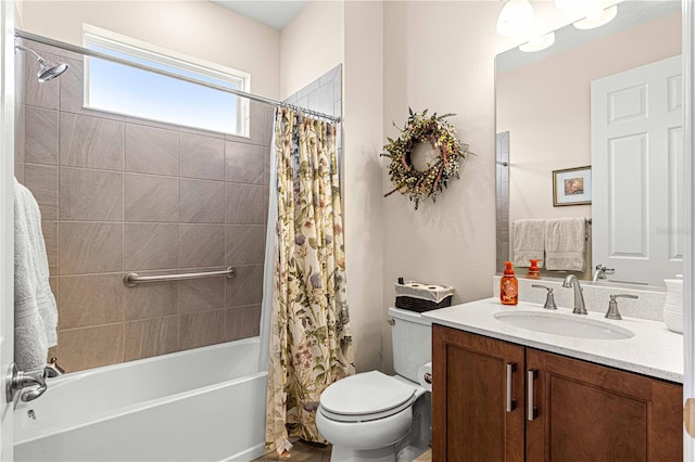 full bathroom with vanity, toilet, and shower / bathtub combination with curtain