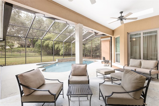 view of pool with an outdoor hangout area, ceiling fan, a patio, and a lanai