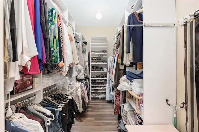 spacious closet with dark hardwood / wood-style flooring