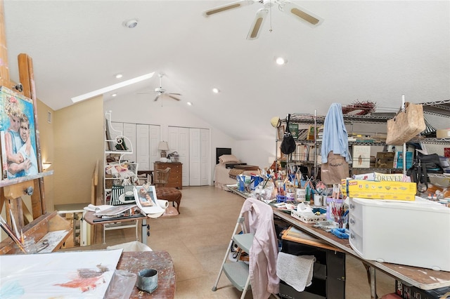 misc room featuring ceiling fan and vaulted ceiling