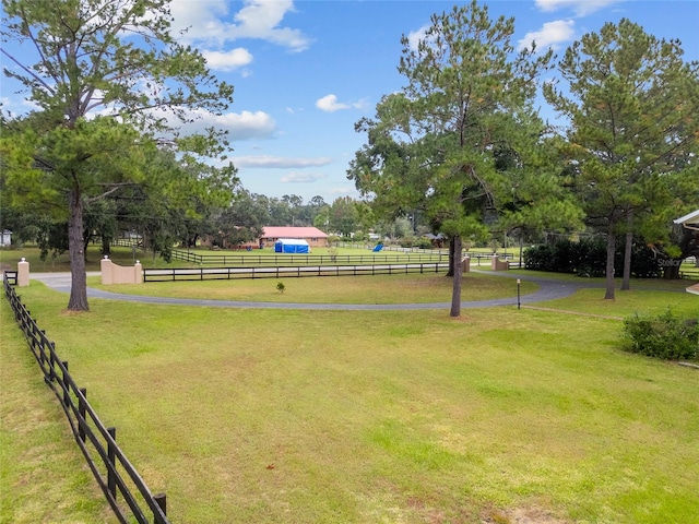 view of home's community with a rural view and a yard