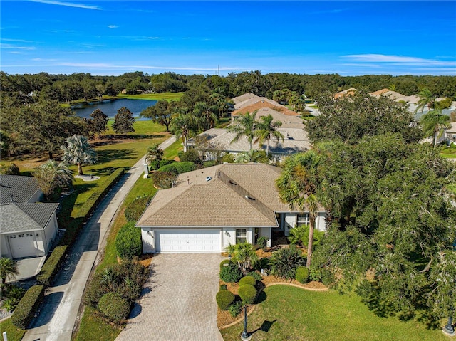 drone / aerial view with a water view