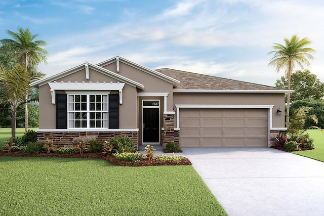 view of front of property with a garage, a front yard, driveway, and stone siding