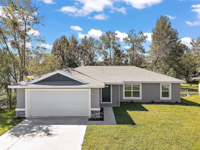 single story home featuring a front yard and a garage