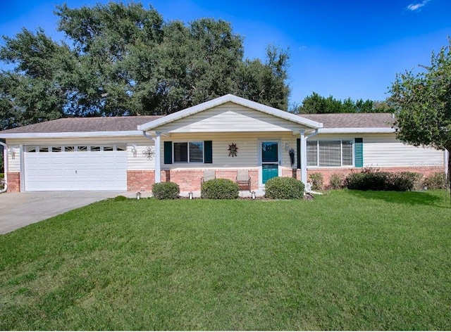 ranch-style home with a front yard and a garage