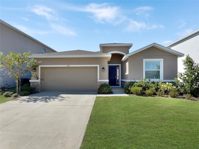 prairie-style home featuring stone siding, driveway, a garage, stucco siding, and a front yard