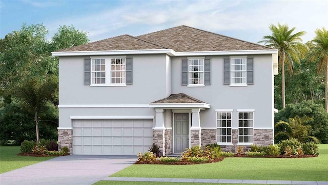 view of front of house with a garage and a front lawn