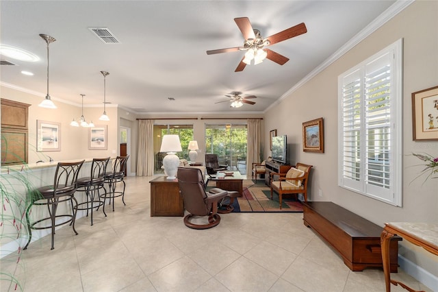 living room with crown molding, ceiling fan with notable chandelier, and light tile patterned floors