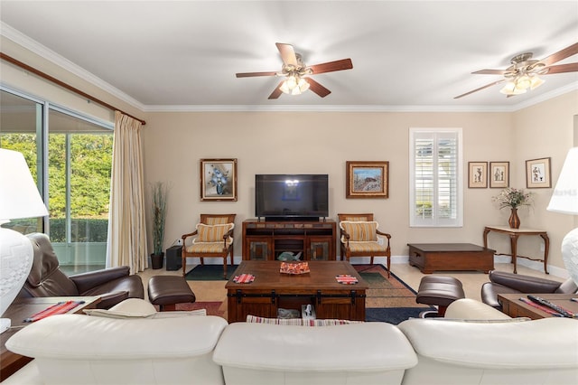 living room featuring ceiling fan and crown molding