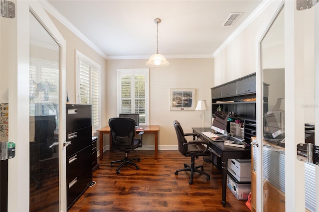 home office with crown molding and dark hardwood / wood-style flooring