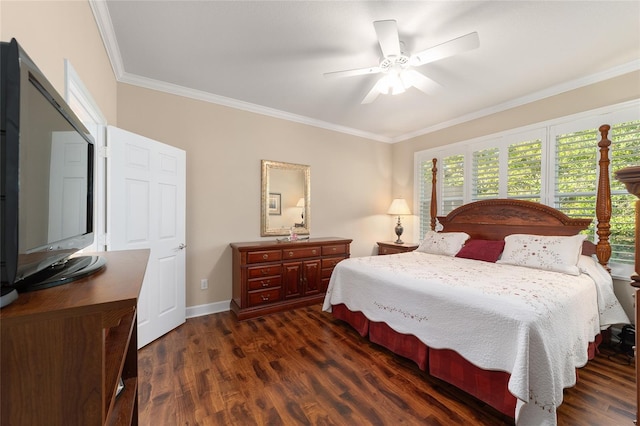 bedroom featuring dark hardwood / wood-style flooring, ornamental molding, and ceiling fan