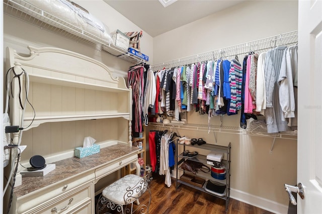 spacious closet with dark hardwood / wood-style floors