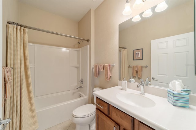 full bathroom featuring vanity, toilet, tile patterned flooring, and shower / tub combo with curtain