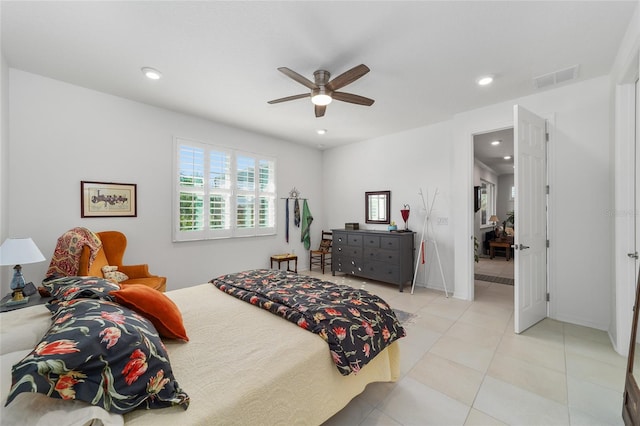 bedroom with light tile patterned flooring and ceiling fan