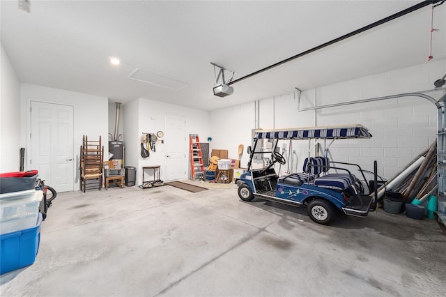 garage with a garage door opener and gas water heater