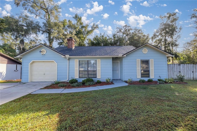 ranch-style home with a garage and a front yard