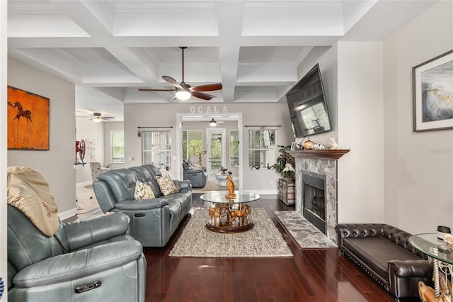 living room featuring ceiling fan, dark hardwood / wood-style floors, beamed ceiling, a fireplace, and coffered ceiling