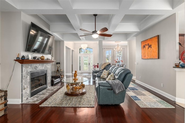 living room with dark wood-type flooring, coffered ceiling, beamed ceiling, and a high end fireplace