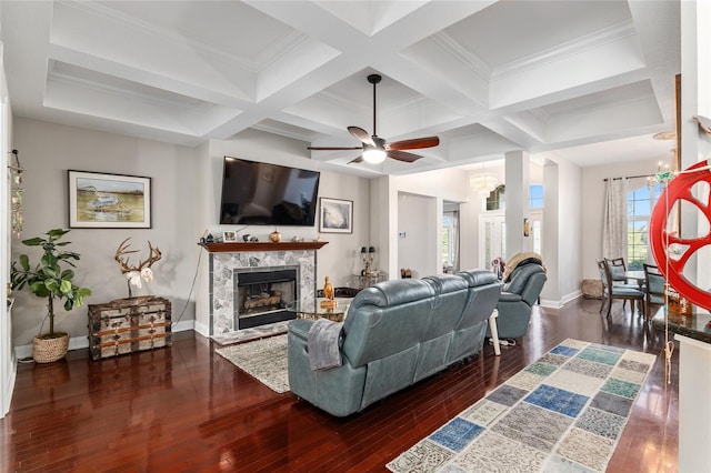 living room featuring coffered ceiling, beam ceiling, dark wood-type flooring, a premium fireplace, and ornamental molding