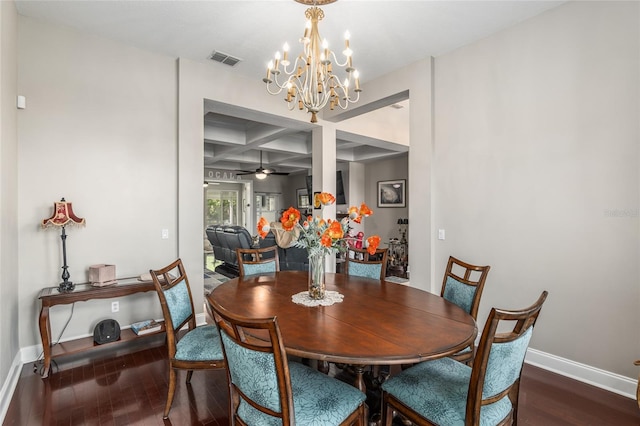 dining area featuring beam ceiling, coffered ceiling, ceiling fan with notable chandelier, and dark hardwood / wood-style flooring