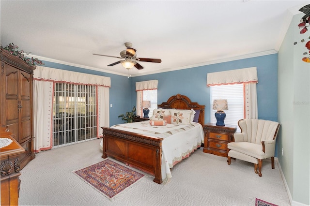 bedroom featuring ceiling fan, access to outside, ornamental molding, and light colored carpet