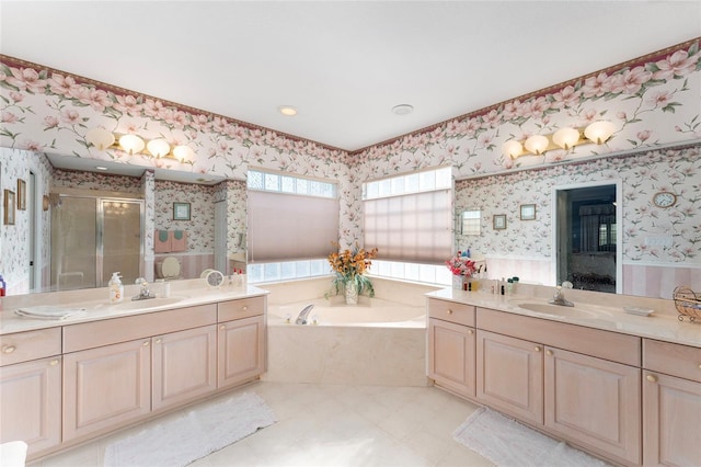 bathroom featuring vanity and plus walk in shower