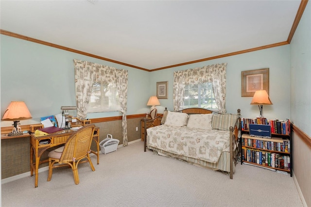 bedroom with crown molding and carpet flooring