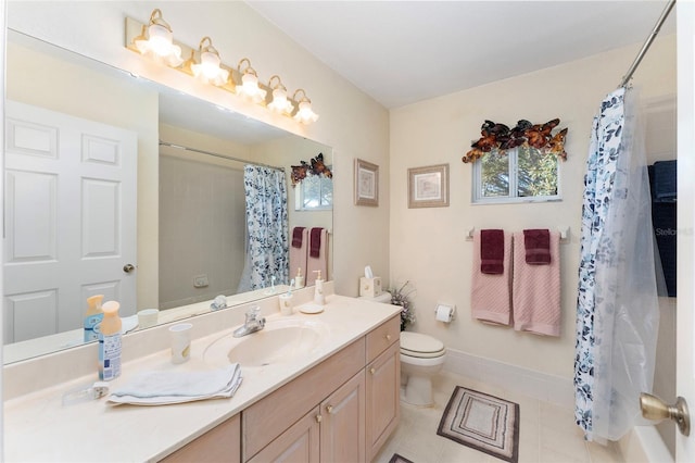 bathroom featuring vanity, walk in shower, toilet, and tile patterned floors