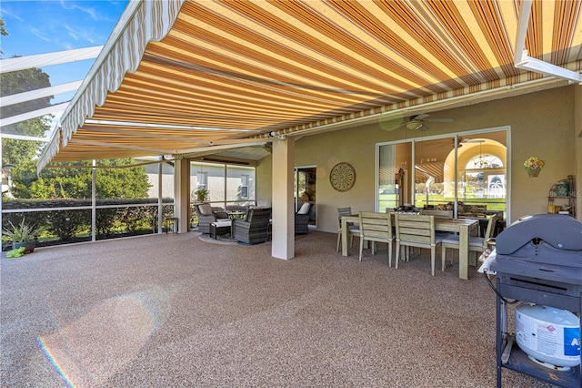 view of patio / terrace with ceiling fan, an outdoor hangout area, and a grill