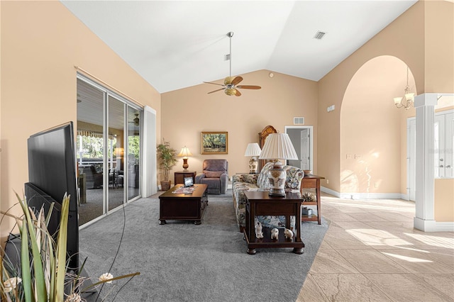 living room featuring light tile patterned flooring, high vaulted ceiling, and ceiling fan