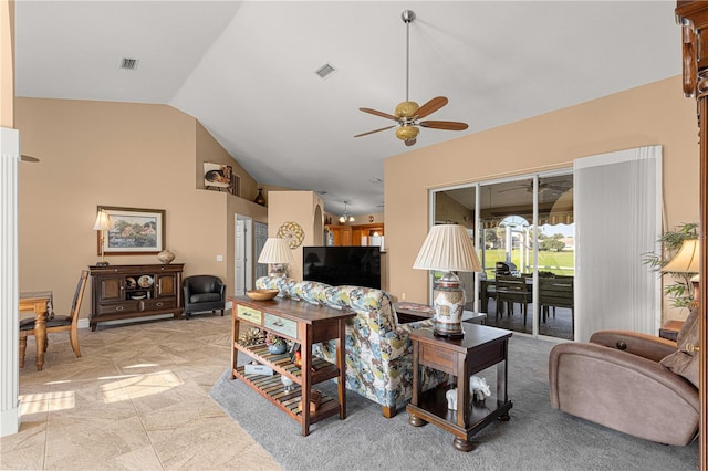 living room featuring lofted ceiling and ceiling fan