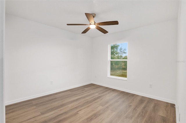 empty room with ceiling fan and light hardwood / wood-style flooring