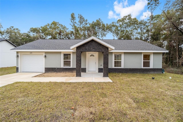 ranch-style home with a front lawn and a garage