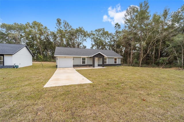 ranch-style house with a front lawn, a garage, and central AC