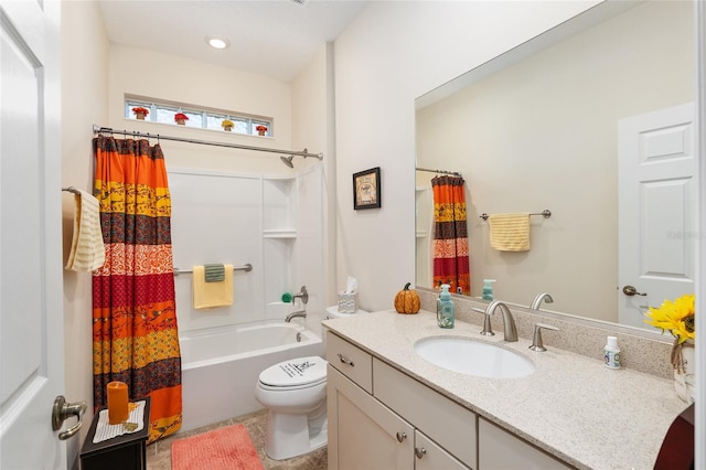 full bathroom with shower / bath combo, toilet, and vanity