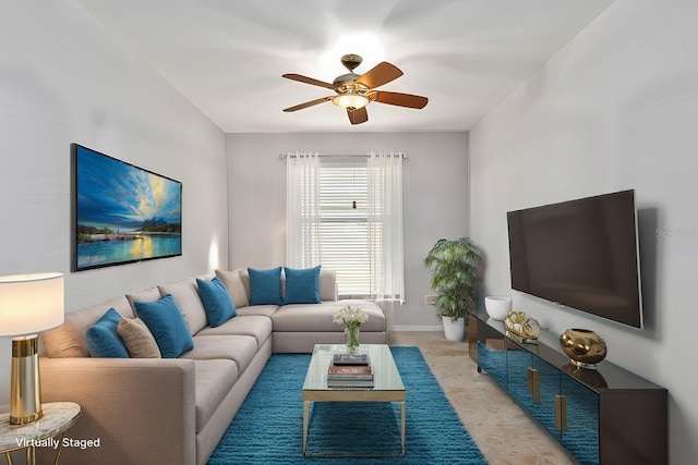 living room with ceiling fan