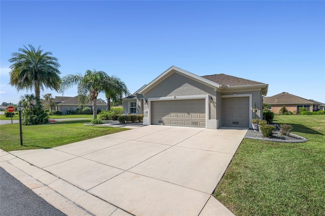 single story home with a front yard and a garage