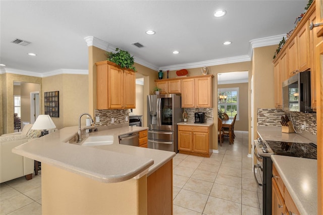 kitchen with appliances with stainless steel finishes, kitchen peninsula, sink, and backsplash