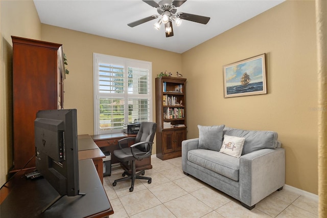 tiled office with ceiling fan