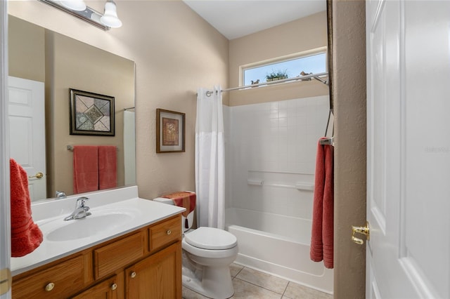 full bathroom with vanity, toilet, shower / bath combination with curtain, and tile patterned flooring