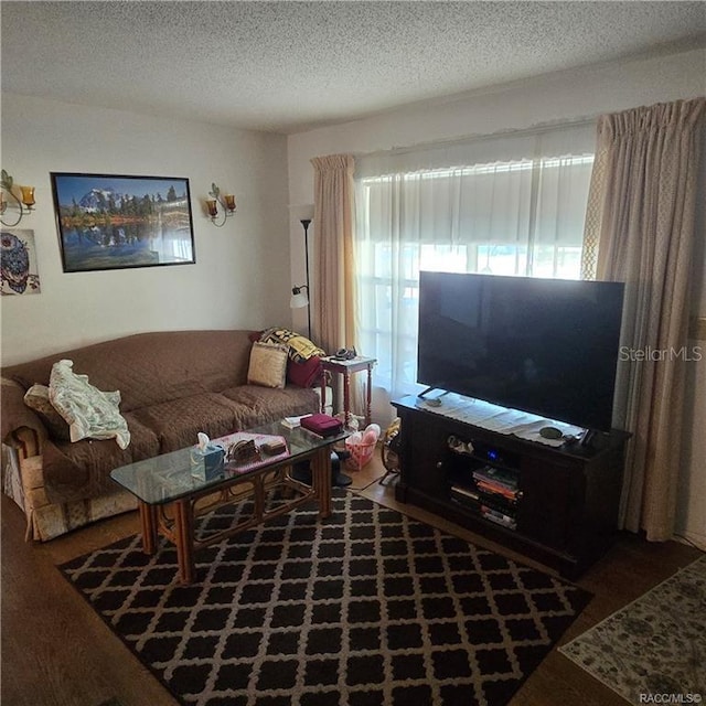 living room featuring a textured ceiling